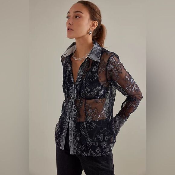 NWT Anthropologie Maeve Lace Sheer Long Sleeve Button Down Blouse/Shirt size S - Picture 3 of 14